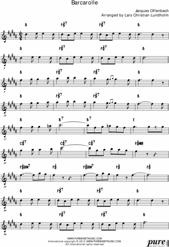 Product picture Barcarolle Pure Sheet Music Solo for Alto Saxophone, Arranged by Lars Christian Lundholm