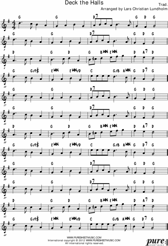 Product picture Deck the Halls Pure Sheet Music Solo for Bb Instrument, Arranged by Lars Christian Lundholm