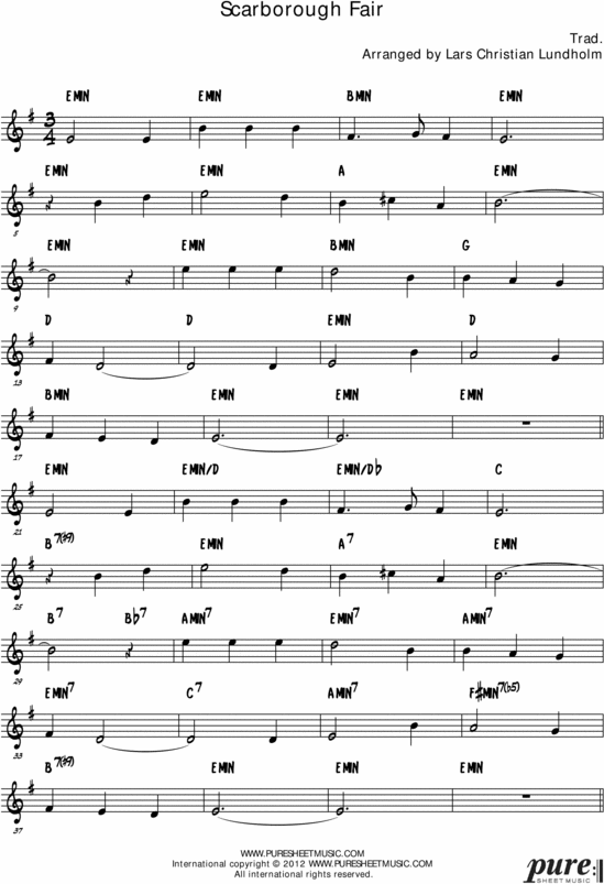 Product picture Scarborough Fair Pure Sheet Music Solo for C Instrument, Arranged by Lars Christian Lundholm